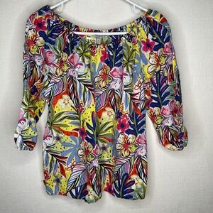 Linen Blend by Hester & Orchard Watercolor Floral‎ Off the Shoulder Top Size M